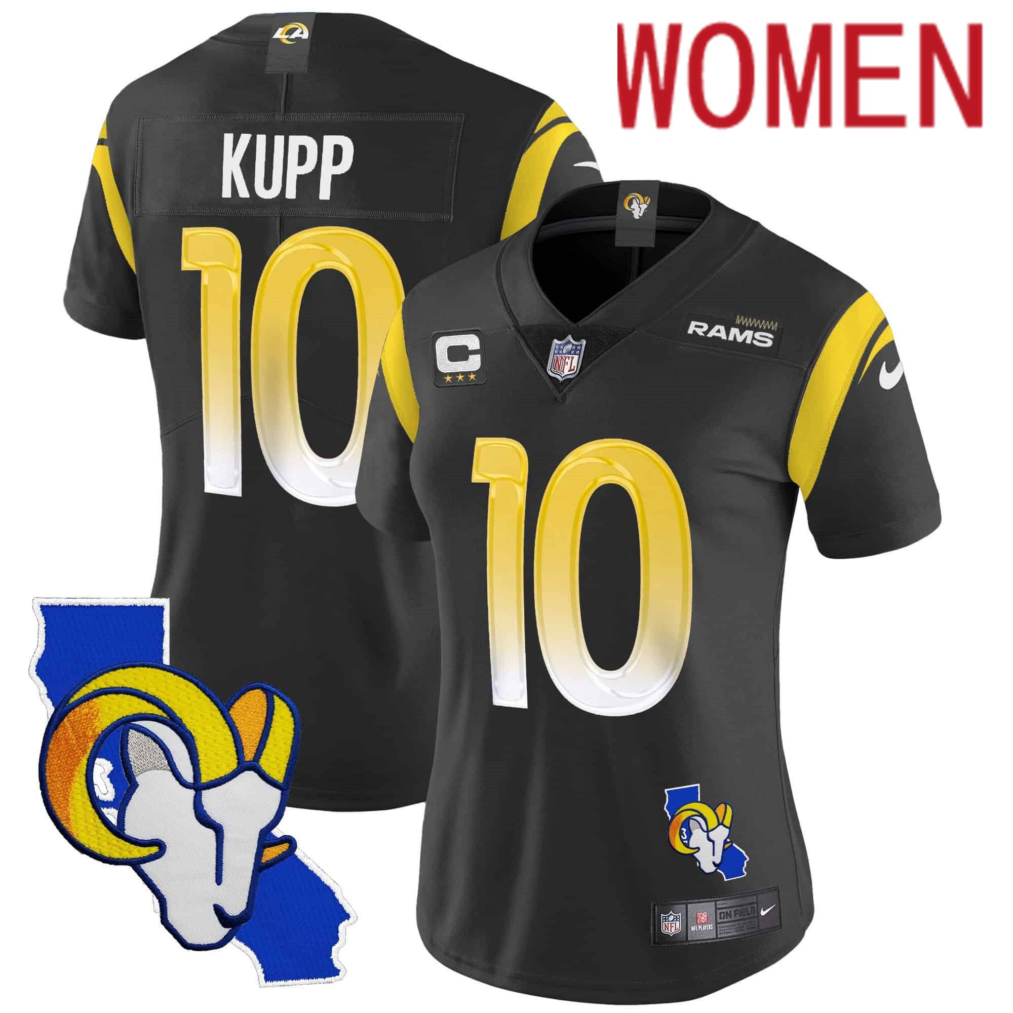 Women Los Angeles Rams #10 Kupp Black 2024 Nike California Patch Vapor Limited NFL Jersey style 1